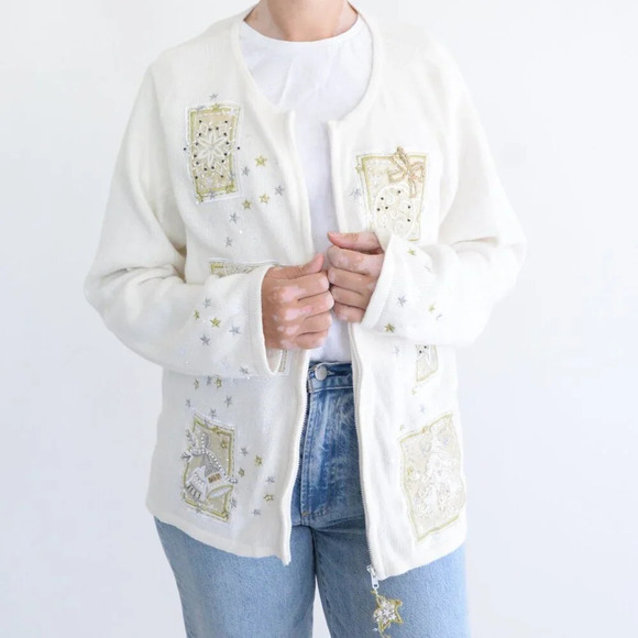 Vintage  Tiara Cream Ugly Christmas Beaded Reindeer Zip Up Cardigan Sweater XL - Picture 2 of 16